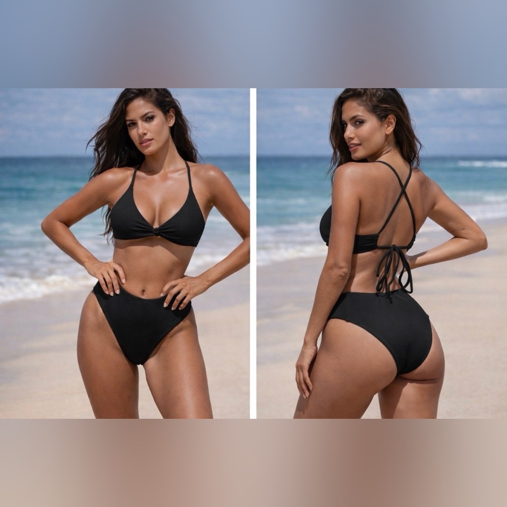 Berlook Black Two Piece Swimsuit Bikini Size Large Moderate Bottoms NEW W Bag